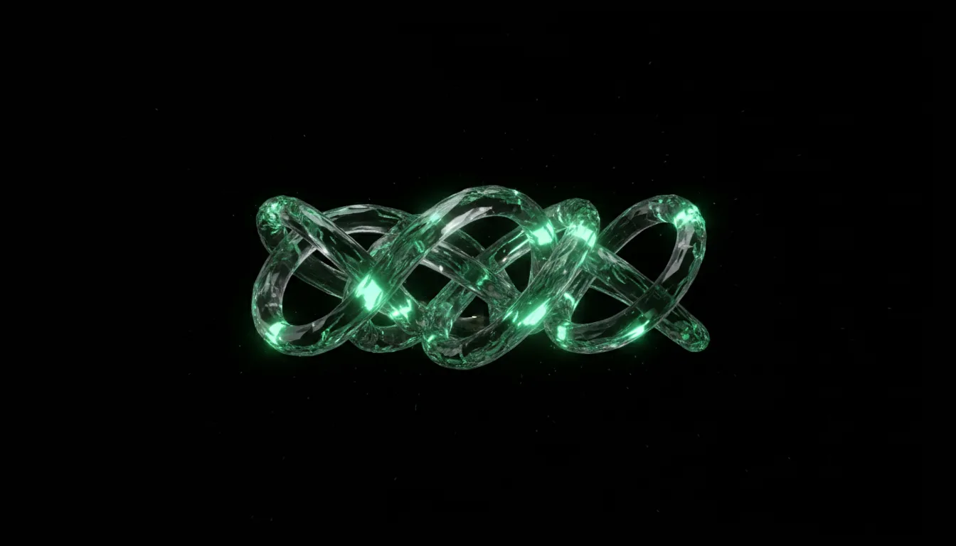 Abstract 3D sculpture of interlocking glass rings glowing with neo-mint light